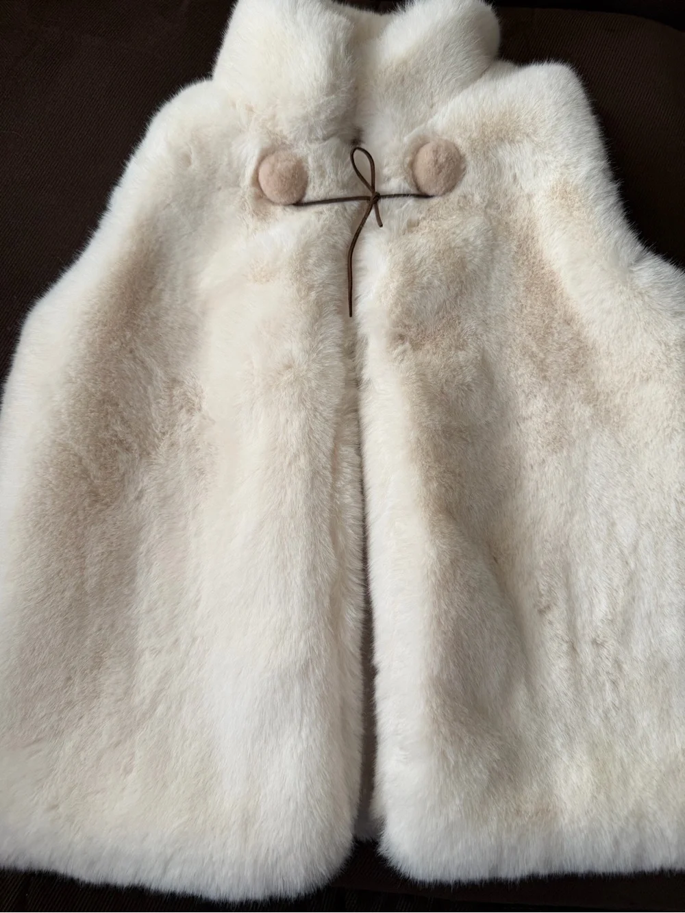 Girls Cream Faux Fur Cape with Pom Tie